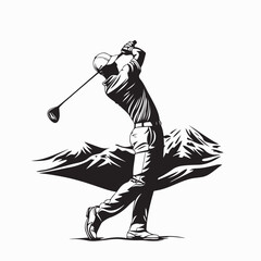 Man swinging golf club on a scenic golf course with mountains in the background image vector