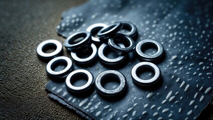 A small group of steel lock washers on a piece of coarse sandpaper.
