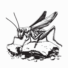 Grasshopper on a stone Vector. Black and white  Grasshopper On Stone Illustration.