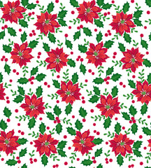 Seamless Christmas Poinsettia With Holly Leaves For Gift Wrap And Fabric Pattern On White Background