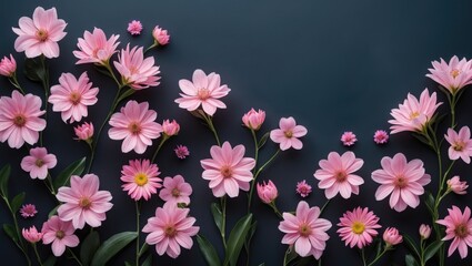 Blooming pink flowering flowers on a dark background. Features empty space for text.