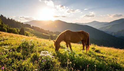 Horse grazing on a vibrant meadow surrounded by mountains during a beautiful sunset, highlighting the serene landscape