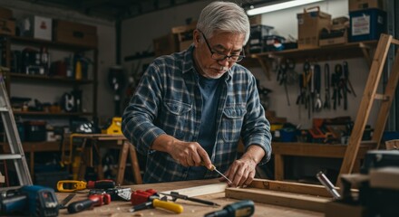 Asian Senior Carpenter Working Intently in a Cozy Workshop with Tools
