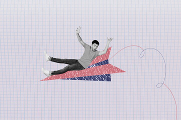Trendy art creative full zine photo collage of happy girl guy sit doodle scribble plane summer...