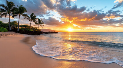 Stunning sunset over beach with palm trees and gentle waves reflecting vibrant colors