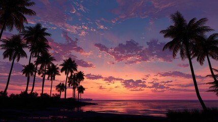 A stunning image of tropical paradise sunset with palm trees and colorful sky over the ocean.
