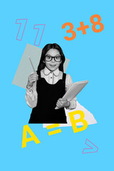 Vertical poster pop collage of happy nerd preteen schoolgirl hold notepad pencil math subject...