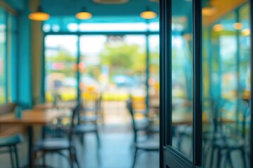Blurred Cafe Interior with Turquoise Walls and Outdoor View