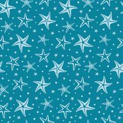 Obraz premium Seamless Nautical Pattern With Starfish On Light Blue Background