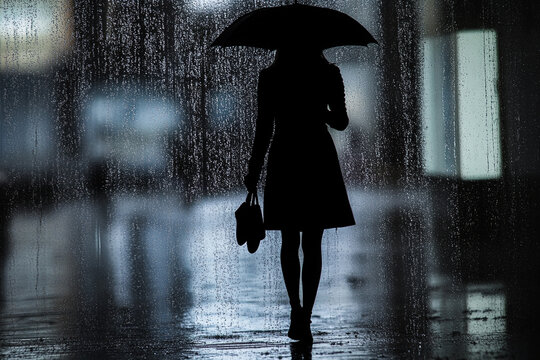 Silhouette of a woman walking away in the rain