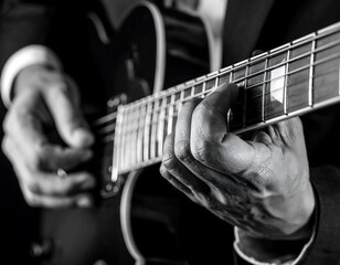 Close-up monochrome shot of hands playing an electric guitar