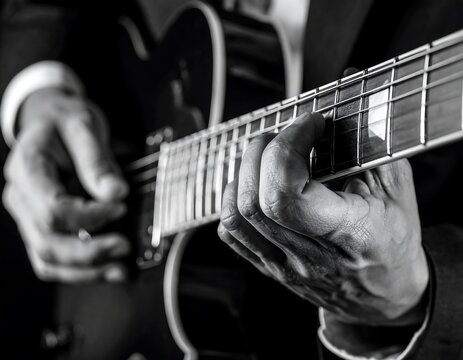 Close-up monochrome shot of hands playing an electric guitar - Powered by Adobe