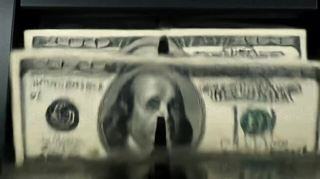 Authentic Hundred Dollar Bills Moving Through a Bank Counter Machine Showing Close Up Detail of US Currency
