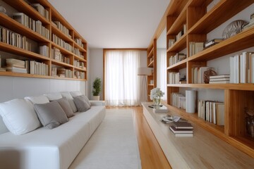 Spacious living room with built-in wooden bookshelves and a white sofa.