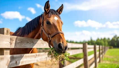 Obraz premium Brown horse with a white patch chewing grass on a sunny day in a lush green pasture behind wooden fencing