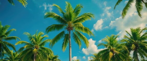 Green Palm And Blue Sky Background with Empty Copy Space for Text