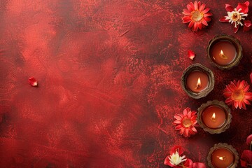 Colorful Happy Diwali festival backdrop with bokeh lights, oil lamp, flower on red background Diwali composition on light background with Diwali decorations