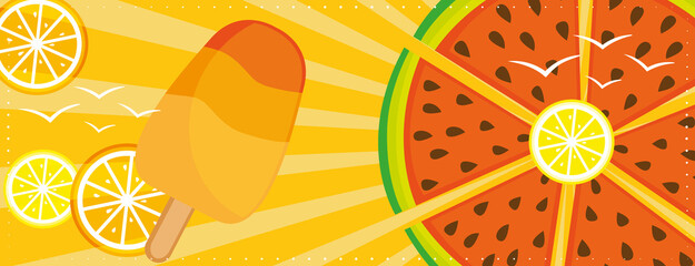 Colorful summer vacation banner with fruits and ice cream. Hand drawn illustration. 