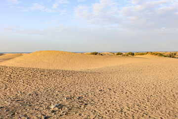 Hot, sunlit sand with natural wavy patterns resembling small dunes on wild, untouched beach. Calm...