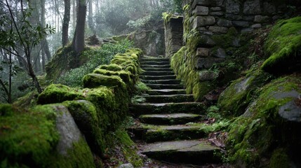 A stunning image of mossy stairs leading to ancient ruins in a foggy forest.