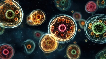 A stunning image of microscopic view of cells dividing and multiplying showing biological processes.