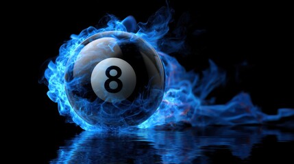 A stunning image of magic eight ball in blue flames. A striking image featuring a black billiard ball with the number eight engulfed in mystical blue fire on a dark background.