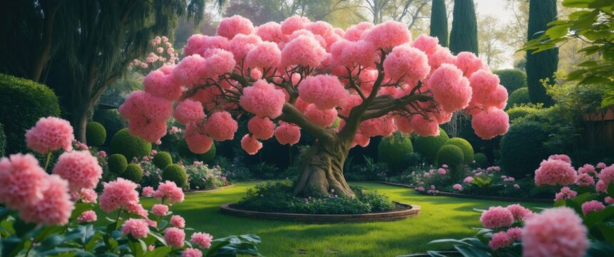Silk Floss Tree Blooming In A Garden with Space for Text