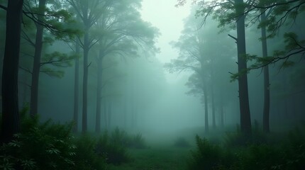 Obraz premium Mystical ancient forest shrouded in dense fog. Atmospheric scene, ideal for nature, fantasy, or environmental projects.