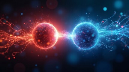 Red and blue energy spheres colliding science technology abstract art