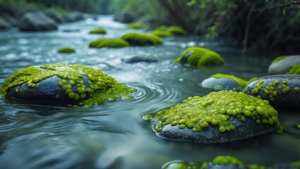 Green algae attached to stones in river flow in transparent water with empty space for text