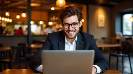 Stylish businessman working on laptop in cozy cafe. Great for concepts like remote work, freelance, business, or modern entrepreneurship.