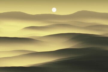 serene sunset landscape with hills in mist, fantasy 3d illustration
