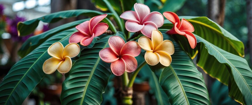Colorful Plumeria Flowers on Banana Leaf with Empty Space for Text