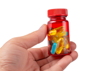 Hand holding small red bottle filled with various colorful pills and capsules isolated on white background