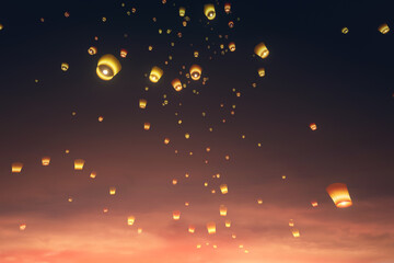 sky lanterns in sunset light flying in the sky, 3d illustration