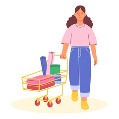 A girl shopping in a building shop with a trolley