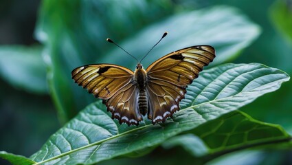 Obraz premium Butterfly resting on a green leaf, close-up.