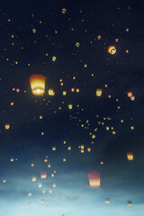sky lanterns flying in the starry night sky, 3d illustration