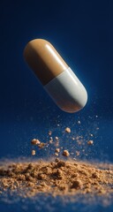 Floating Tan And White Capsule Above Brown Powder
