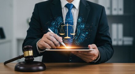 Law and Technology: Lawyer Uses Digital Tablet for Legal Consultation, Emphasizing Justice, Legal Tech and Futuristic Solutions.