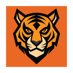Fierce tiger head logo illustration in geometric style against an orange background