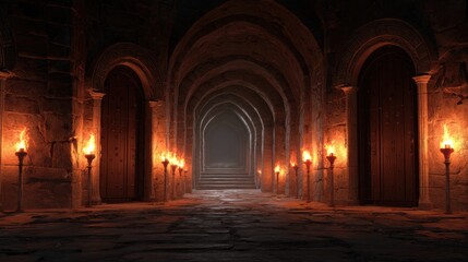 A stunning image of dark stone hall with three arched doorways, lit by fiery torches.