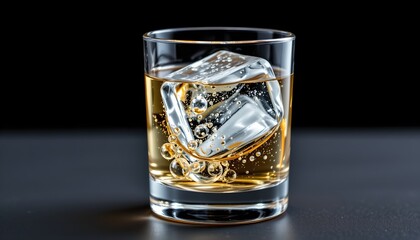 a single perfect ice cube suspended in a crystal clear cocktail against a black background