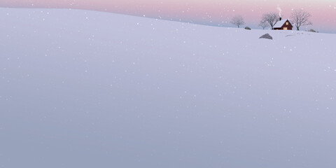 Snowfall in minimalist snowscape with silhouette lonely country house and leafless trees on the hill covered by snow have dramatic sky behind graphic illustration.