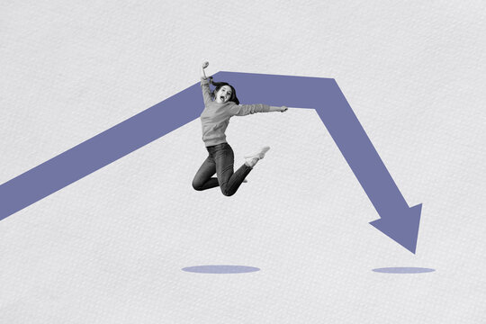 Trend template collage of person stand front arrows going down on purple background