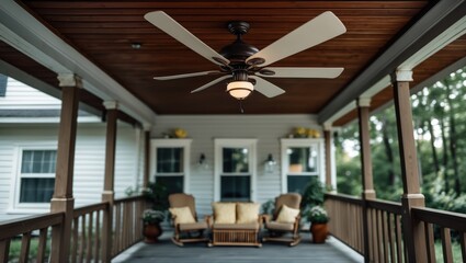 Brown ceiling fan installed on a summer porch with empty space for text.