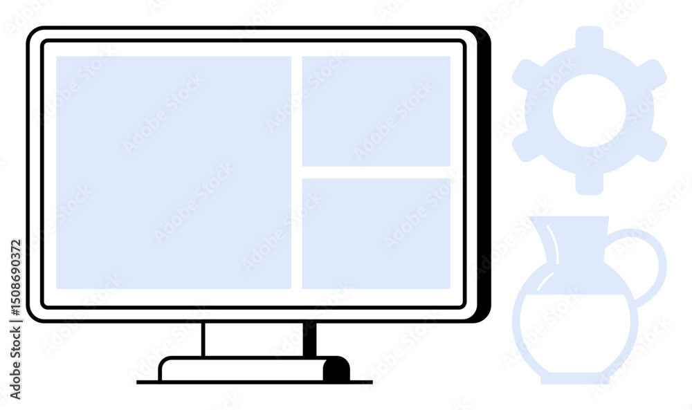 Wall mural computer monitor displaying grid layout, accompanied by stylized gear and pitcher graphics. ideal fo