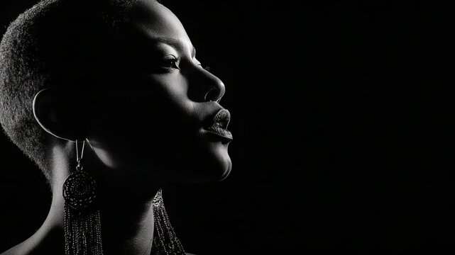 Profile of a Confident Black Woman with Earring in Dramatic Black and White Lighting on a Dark Background
