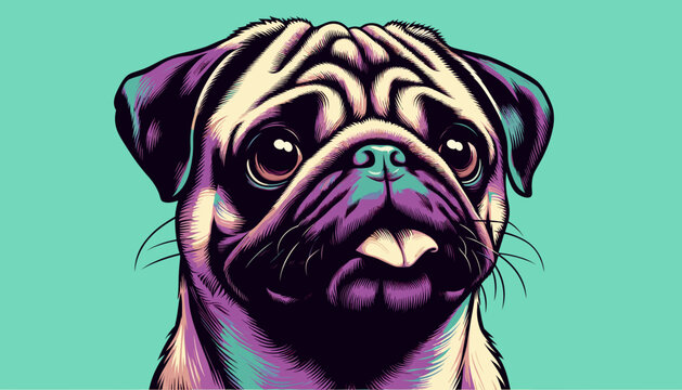 Pug dog portrait in exaggerated pop art vector style with mint green and purple