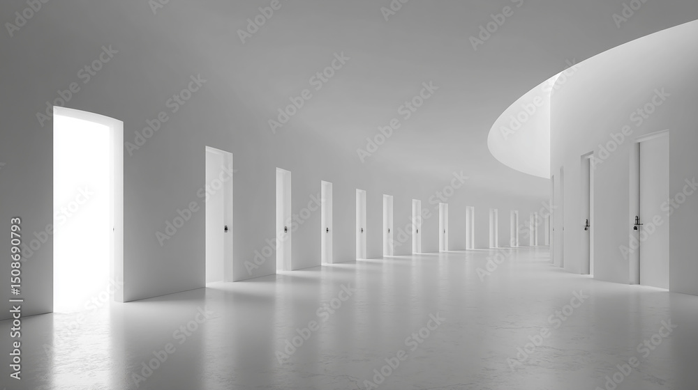 Poster long corridor with multiple doors leading to unknown destinations in a minimalist architectural sett